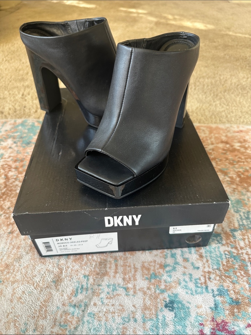 DKNY Black Peep-Toe Platform Mule Heels